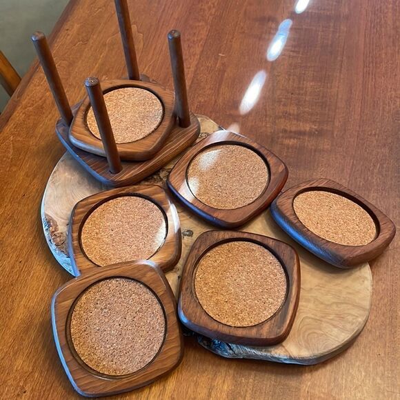 MCM Teak Coaster Set - Picture 2 of 5